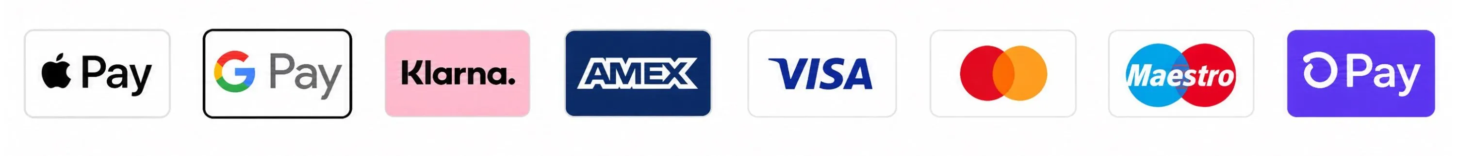 Métodos de pago aceptados: Apple Pay, Google Pay, Klarna, American Express, Visa, Mastercard, Maestro y Shop Pay